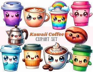 Watercolour Kawaii Coffee Clipart Cute Coffee Cup Mug PNG Digital Image Downloads for Card Making Scrapbook Junk Journal Paper Crafts - Etsy UK