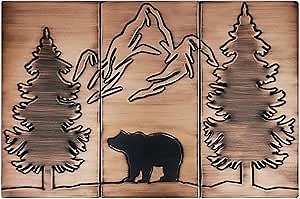 Handmade Copper Kitchen Backsplash Tiles - Bear, Mountains and Two Pines - 23.62 x 15.75 Set of 3 Decorative Metal Tiles for Premium Wall Decor, Mural Artwork, and More
