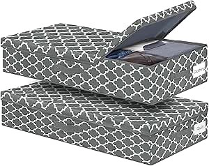 Under Bed Storage with Lid, Underbed Storage Containers with Handles, Underbed Organizer for Bedroom, Foldable Clothing Storage Bins, Box for Blankets, Large, Grey Lantern, 2-Pack