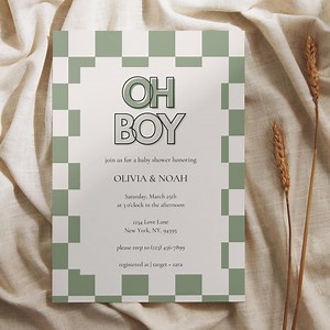 Checkered Baby Shower Invite Template, Sage Green Theme, Editable "oh Boy" Baby Shower Invitation, Printable Checkerboard Pattern Design - Etsy