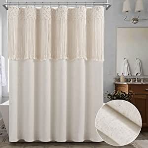 Macrame Shower Curtain, Boho Shower Curtain, Beige Fabric Shower Curtains for Bathroom, Inset Hand Braided Vintage Cotton Macrame Bath Curtain Set with Hooks, Heavy Duty,72W x 78H