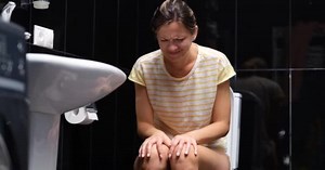Woman Sitting Toilet Having Difficulty Defecation Bowel Problem Constipation Inflammation