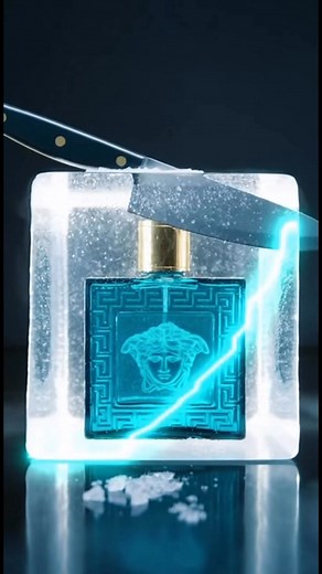 A glass-like frozen cube with the turquoise Versace Eros bottle inside. The knife carves a clean diagonal slice, and the cracked ice glows aqua-blue as the perfume is exposed. | Zara.Ai