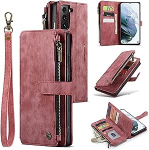 Samsung Galaxy S21FE Case, Samsung S21FE Wallet Case for Women and Men, Durable PU Leather Magnetic Flip Lanyard Strap Wristlet Zipper Card Holder Phone Case for Galaxy S21FE (Red)