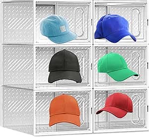 Modern Clear Hat Storage Box, Set of 6 - Stackable Baseball Cap Organizer with Magnetic Door - Hat Rack - Easy to Assemble Hat Display Case