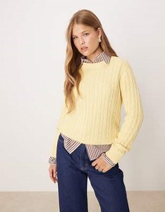 Mango cable knit crew neck jumper in yellow | ASOS