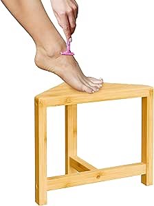 Small Bamboo Shower Step Stool, Wood Corner Shaving Legs Stool for Inside Shower（12inch）