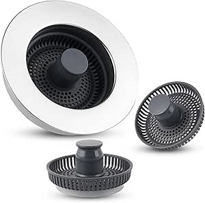 Hygie Rinse 3 in 1 Kitchen Sink Strainer Stopper Combo with Additional 2pcs Strainers Pop Up Kitchen Sink Drain for US Standard 3-1/2 inch Drain Filter, Chrome Stainless-Wraped Shell, Anti-Clog