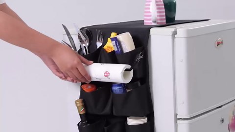 Mini Fridge Storage Organizer with Multiple Pockets - Heavy-Duty Polyester hanging Mini Fridge Caddy Organizer over fridge storage dorm for Dorm college Home Kitchen Office, Black