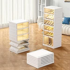 Foldable Shoe Rack Organizer for Closet, 12Pairs Shoe Storage Box Plastic Stackable Shoe Box with Clear Door, Quick Assembly Folding Shoes Cabinet Bins with Lids Large