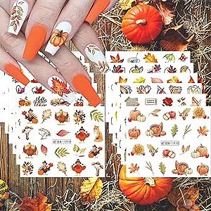 Thanksgiving Nail Art Stickers, Water Transfer Nail Stickers Pumpkin Turkey Mushroon Leaf and Others Nail Decals for Fall Thanksgiving, 12 Sheets of Tattoo Stickers for Women Girls Nail Design Décor Accessories