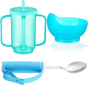 Maxcheck 3 Pcs Adult Sippy Cup with Straw 2 Handles Elderly Spill Proof Dysphagia Cups Adaptive Self Feeding Bowl with Spoon for Eating Aids Parkinsons Dementia Stroke or Tremors Adaptive Utensils