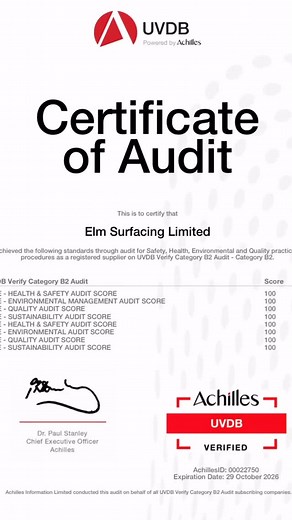 ✅ Proud Moment for Elm Surfacing! We’re delighted to share that we achieved outstanding scores across all categories in our recent two-day Achilles UVDB Category B2 audit — scoring 100% in every section. This achievement reflects our ongoing commitment to Health & Safety, Environmental Management, Quality, and Sustainability across every aspect of our operations. A huge thank you to our dedicated team for maintaining such high standards and ensuring excellence throughout every project. 📞 01795 