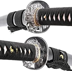 Siwode Handmade Full Tang Sharp Katana, Alloy Silver White Skull Tsuba Japanese Ninja Samurai Sword (High Carbon Steel 1060) 40-Inch