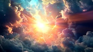 Timelapse of dark clouds breaking apart to reveal blue sky and sunshine; light rays streaming dramatically through the gaps; hope and renewal theme, cinematic contrast.