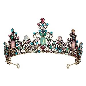 SWEETV Queen Crown for Women - Baroque Wedding Tiaras and Crowns, Jeweled Costume Tiara Princess Crown, Prom Birthday Party Headpiece,Old Gold Multicolored