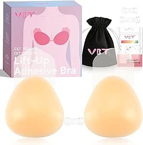 VBT Adhesive Bra Lift - Strapless Sticky Bra for Women Push Up Invisible, Reusable Stick on Bra Nipple Covers Self Silicone Braless Bra (Large, Begie) Beige