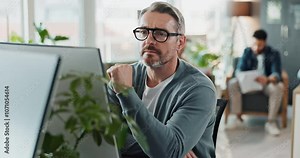 Computer, solution and web development with happy man software engineer in office for coding or programming. PC, reading and typing with smile of mature employee in workplace for design or research