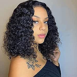 Short Curly Black Wig Synthetic Curly Lace Front Wigs Shoulder Length Bob Curly Wigs for Black Women 14inch Short Curly Bob Wigs Natural Looking Full Wigs for Daily Use(1B#natural black)