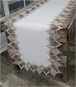 Lace Runner Neutral Earth Tones on White Jacquard Table Runner Dresser Scarf Coffee Table Runner (16Wx54L)