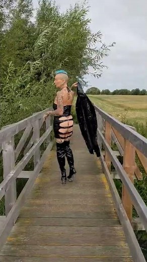 Walking in Public and Thigh high PVC Boots, PVC Coat and Revealing Wetlook Dress with straps