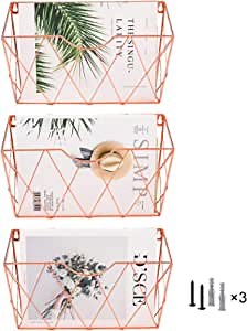 Hanging File Organizer, 3 Pockets Vertical Wall File Holder Paper Document Rack for Office and Home,Rose Gold