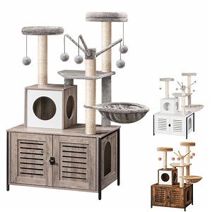 [Hot Item] Cat Tree with Litter Box Enclosure, Scratching Posts, Litter Box Enclosure Furniture for Indoor Cats, All-in-One Wooden Cat Tower Condo House with Cat Hammock