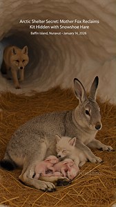 Frozen Den Miracle: Mother Fox Retrieves Lost Kit Sheltered by Mountain Hare Svalbard Archipelago, Norway – February 13th, 2026 A remote wildlife observation camera, installed by a field biologist studying Arctic survival patterns, recorded an extraordinary moment deep beneath the frozen tundra—one that challenges the natural order between hunter and prey. Inside a snug, moss-padded snow den, a large silver-furred mountain hare was seen nursing her cluster of fragile newborn leverets. Nestled qu