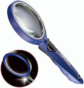 POPLOCK Magnifying Glass for Kids with LED Light, 3X-5X Patented Concave-Convex Glass Lens to Reduce Distortion, Handheld Magnifier for School, Nature Study, Reading, Blue