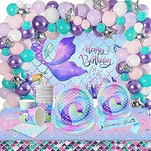 Mermaid Party Supplies (Serves 16), Complete Mermaid Birthday Party Supplies, Mermaid Birthday Decorations for Girls, Mermaid Under The Sea Party Decor
