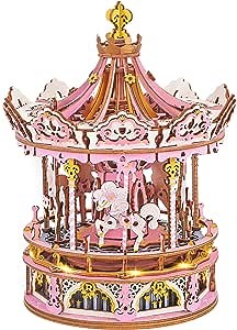 Rowood Carousel Music Box 3D Puzzles for Adults, DIY Wooden Mechnical Building Model Kit with LED for Teens Kids, Christmas Birthday Gift