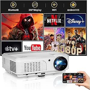 Native 1080P Full HD Projector, WiFi Bluetooth Outdoor Projector, Max 200" Display Smart Home Theater Video Movie Gaming Projector Compatible with HDMI,VGA,USB,Laptop,Fire Stick,iOS,Android Phone