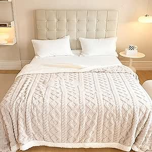 Dfcdcoo Thickened Imitation Cashmere Throw Blanket, Winter Double Layer Thick Cozy Full Size Sherpa Fleece Plush Blanket,Soft Thick Coral Velvet Flannel Double Blanket (Beige,180 * 200cm)