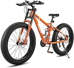 VIRIBUS Fat Tire Bike, Mens Bike Mens Mountain Bike with Full Suspension, 21 Speed & Aluminium Alloy Frame, 26" MTB Adult Bike Bicycle with Gloves & Light, Fat Mountain Bike