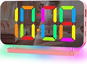 SZELAM Alarm Clock for Bedroom,7.4" Mirror Digital Clocks Large Display,with RGB Night Light, USB C Charger Port,Auto Dimming,LED Desk Clock for Kid Teen Girl Adults Room - Pink