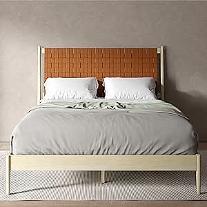 DG Casa Ethan Platform Queen Bed Frame – Mid-Century Modern, Scandinavian Style - Whitewash Solid Wood with Camel Woven Vegan Leather Headboard, Minimalist Bedroom Decor - No Box Spring Required