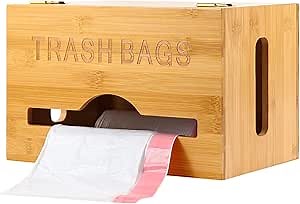 Large Trash Bag Holder, Garbage bag dispenser with handle, Kitchen Trash Bag Organizer, Bamboo wall Mounted Trash Bag Dispenser Roll Holder for Cabinets, Countertops and Under Sink