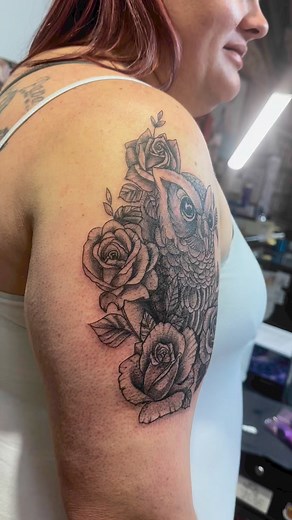 Tattoo by Jessica South Perdue #blackandgreytattoo #tattoosforwomen #owltattoo #flowertattoo #tattoosbywomen #ComebackCity #downtowndanville #bluemoononbridge #bluemoontattoo | Blue Moon Tattoo & Body Piercing
