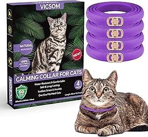 VICSOM Calming Collars for Cats, Pheromone Calm Collar for Cats, Cats Calming Collar, Natural Waterproof Adjustable Cat Calm Collars with 60 Days Anti Anxiety Relief Stress Effect 4PCS, Purple