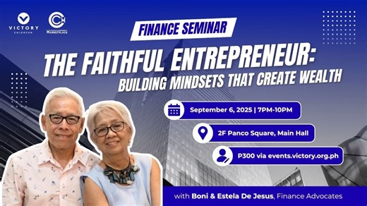Interested to join 𝗧𝗵𝗲 𝗙𝗮𝗶𝘁𝗵𝗳𝘂𝗹 𝗘𝗻𝘁𝗿𝗲𝗽𝗿𝗲𝗻𝗲𝘂𝗿: 𝗕𝘂𝗶𝗹𝗱𝗶𝗻𝗴 𝗠𝗶𝗻𝗱𝘀𝗲𝘁𝘀 𝗧𝗵𝗮𝘁 𝗖𝗿𝗲𝗮𝘁𝗲 𝗪𝗲𝗮𝗹𝘁𝗵? Here is a video invite from our speakers, Boni & Estela De Jesus, and giving us an overview of what we can expect from this upcoming finance seminar. Register now via events.victory.org.ph with a fee of 𝗣𝟯𝟬𝟬. This is happening on 𝗦𝗲𝗽𝘁𝗲𝗺𝗯𝗲𝗿 𝟲, 𝟳𝗣𝗠 at 𝟮𝗙 𝗣𝗮𝗻𝗰𝗼 𝗦𝗾𝘂𝗮𝗿𝗲 in partnership with CAMANAVA Church Community Marketplace (CCCM).