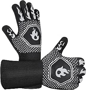 BBQ Grill Gloves Heat Resistant: High Temp Resistance Fireproof Glove for Grilling Smoking Barbecue - Washable Long Silicone Oven Mitts Extreme Hot Proof Mittens for Kitchen Cooking Baking