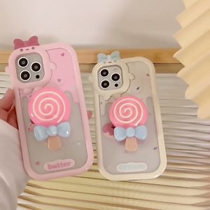 Birsppy EDENTOY Compatible iPhone 13 3D Phone Case Cute Cartoon Girl Lollipop Cream Phone Case Kawaii Lollipop Phone Stand iPhone 13 Phone Case Pink 6.1 inch Phone Case