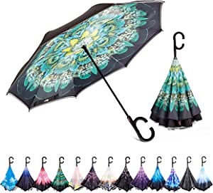 HOSA Auto Open Reverse Inverted Umbrella Night Safety Reflective Strips, UV Protection Double Layer Windproof Canopy Design C Handle (C-Shaped) Upside Down Straight Umbrella For Outdoor Car Rain Women