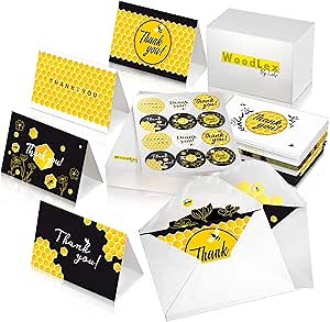 WoodLex Thank You Cards with Envelopes - Cute Bee Design - Bulk Pack of 60 Blank Cards with Envelopes and Stickers - Funny Thank You Cards Baby Shower, Birthday card, Wedding, Graduation, Business