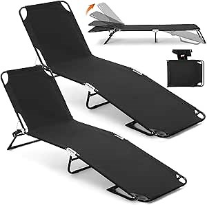 Wenqik 2 Pack Beach Lounge Chair for Adults Folding Camping Cot Tanning Chair Outdoor 4 Position Adjustable Reclining Lounger for Sunbathing Patio Beach Lawn Pool(Black)