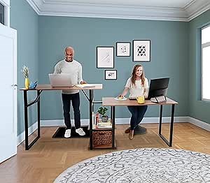 Joy Two Person Desk by Stand Steady | Sit or Stand Desk for Home Office | Double Computer Workstation with Storage Shelves | Modern Multi-Level Desk with Wood Print (Large/Teak)