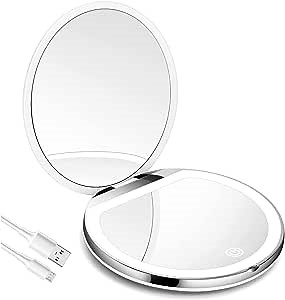 Compact Mirror with Lights, 3X Magnification Travel Mirror, Rechargeable LED Mini Mirror,Portable Mirror for Purses