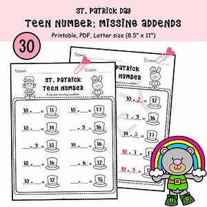 St. Patrick day teen number worksheet | missing addends | place value | 60 pages