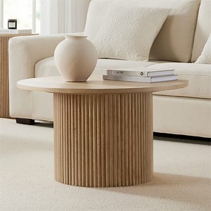 [Hot Item] Modern Panelled Round Oak Veneer Coffee Table, Contemporary Slatted Base Circular Tea Table