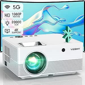 Projector with 5G WiFi and Bluetooth, 20000L 600ANSI Full HD Native 1080P Projector, Support 4k & 350" Display with Carry Case, Outdoor Movie Projector Compatible w/Phone/TV Stick/Laptop, White